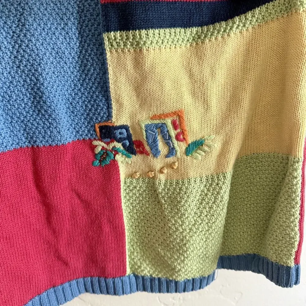 Vintage 90s Koret Size 2X Sweater - Short Sleeve Multicolor Embroidery Knit